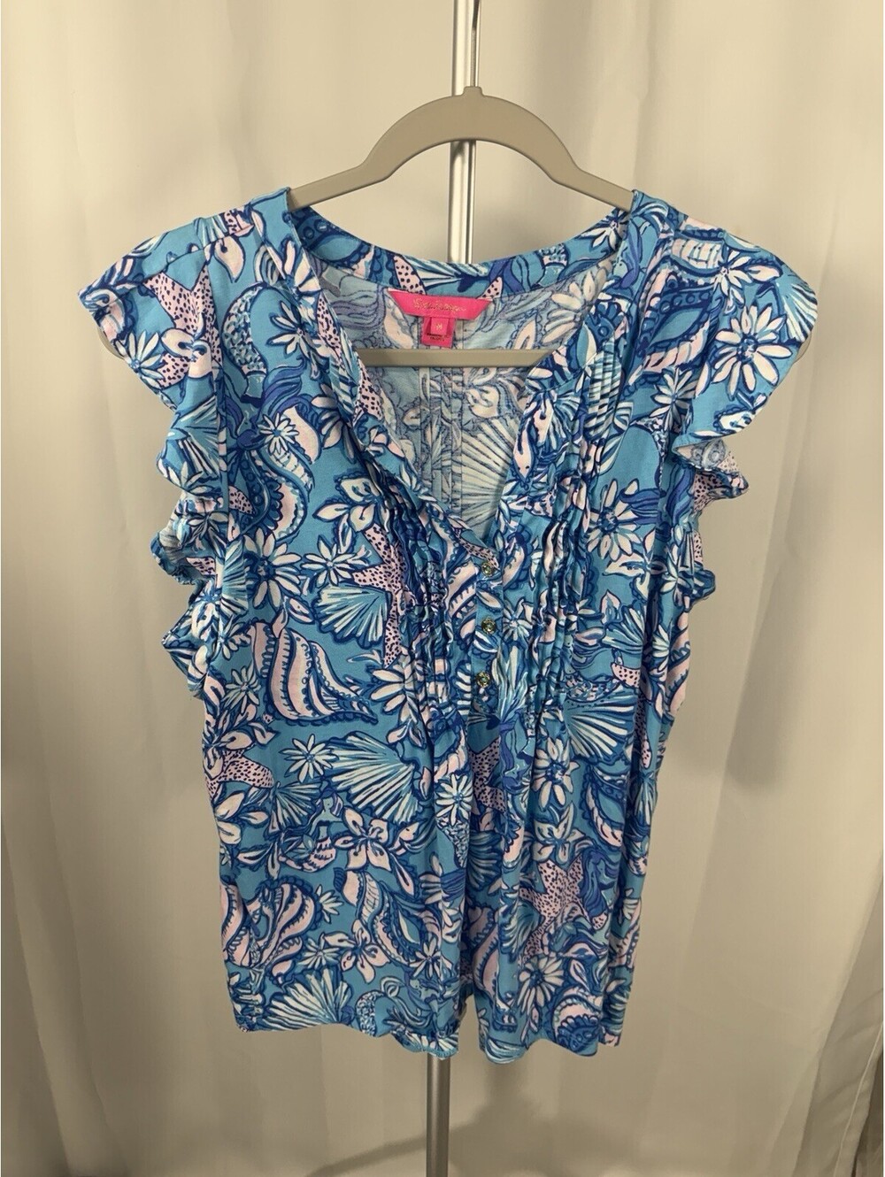 Lilly Pulitzer Flutter Sleeve Top M Blue Pink Starfish Shell Coastal Cotton Knit
